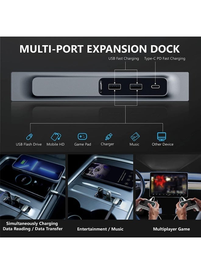 ChicAbode Tesla USB Hub, Tesla Model Y/ 3 Accessories, Model 3 / Y USB Hub, 3 in 1 Docking Station of Center Console Adapter with PD Fast Charge Port & LED Light - Image 2